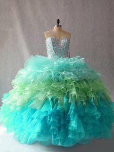 Lovely Sleeveless Organza Floor Length Lace Up Sweet 16 Dresses in Multi-color with Beading and Ruffles