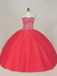 Suitable Coral Red Quinceanera Dress Sweet 16 and Quinceanera with Beading Sweetheart Sleeveless Lace Up