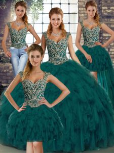 Superior Peacock Green Quinceanera Gowns Military Ball and Sweet 16 and Quinceanera with Beading and Ruffles Straps Sleeveless Lace Up