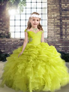 Yellow Green Sleeveless Beading and Ruffles and Pick Ups Floor Length Child Pageant Dress