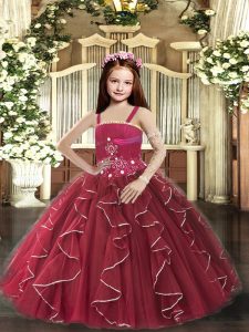 Burgundy Ball Gowns Beading and Ruffles Kids Pageant Dress Lace Up Tulle Sleeveless Floor Length