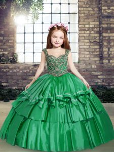 Floor Length Green Little Girls Pageant Gowns Straps Sleeveless Lace Up