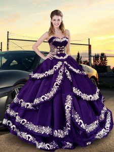 Embroidery and Ruffled Layers Quince Ball Gowns Purple Lace Up Sleeveless