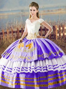 Ideal Floor Length White And Purple Quinceanera Gown V-neck Sleeveless Lace Up