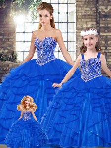 On Sale Royal Blue Sweetheart Neckline Beading and Ruffles Ball Gown Prom Dress Sleeveless Lace Up