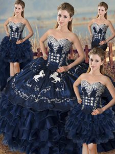 Sweet Navy Blue Ball Gowns Embroidery and Ruffles Sweet 16 Dress Lace Up Organza Sleeveless Floor Length