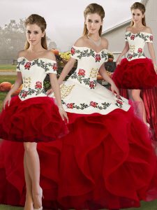 Popular White And Red Sleeveless Embroidery and Ruffles Floor Length Ball Gown Prom Dress
