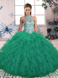 Turquoise Ball Gowns Beading and Ruffles Quinceanera Dress Lace Up Tulle Sleeveless Floor Length