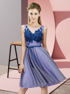 Unique Sleeveless Knee Length Appliques Lace Up Dama Dress for Quinceanera with Lavender