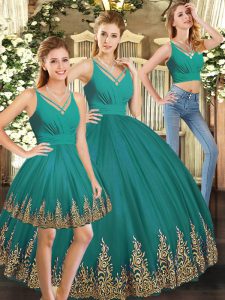 V-neck Sleeveless Backless 15 Quinceanera Dress Turquoise Tulle
