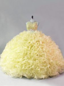 Modern Yellow Fabric With Rolling Flowers Zipper Sweet 16 Dresses Sleeveless Floor Length Beading