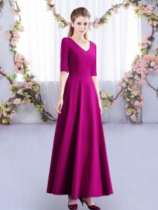 Half Sleeves Ankle Length Ruching Zipper Court Dresses for Sweet 16 with Fuchsia