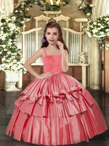 Sleeveless Taffeta Floor Length Lace Up Girls Pageant Dresses in Coral Red with Ruffled Layers