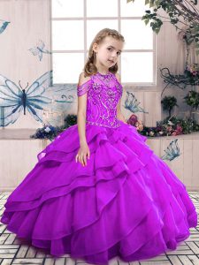 Dramatic Purple Girls Pageant Dresses Party and Military Ball and Wedding Party with Beading and Ruffled Layers High-neck Sleeveless Lace Up