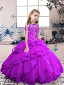 Dramatic Purple Girls Pageant Dresses Party and Military Ball and Wedding Party with Beading and Ruffled Layers High-neck Sleeveless Lace Up