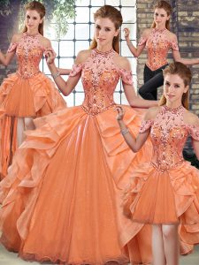 Dynamic Orange Halter Top Neckline Beading and Ruffles Sweet 16 Dress Sleeveless Lace Up