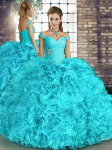 Customized Aqua Blue Lace Up Off The Shoulder Beading and Ruffles Quinceanera Dress Organza Sleeveless