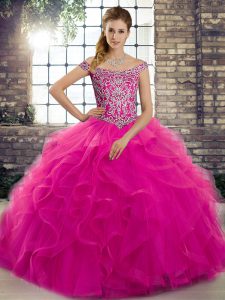 Fancy Off The Shoulder Sleeveless Brush Train Lace Up 15th Birthday Dress Fuchsia Tulle
