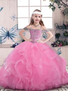 Lilac Ball Gowns Beading Pageant Gowns For Girls Lace Up Tulle Sleeveless Floor Length