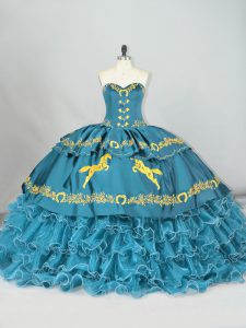 Sweetheart Sleeveless Quinceanera Dresses Brush Train Embroidery and Ruffled Layers Teal Satin and Organza