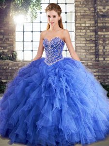 Spectacular Blue Tulle Lace Up 15 Quinceanera Dress Sleeveless Floor Length Beading and Ruffles