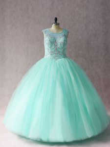 Discount Floor Length Lace Up Quinceanera Gowns Apple Green for Sweet 16 and Quinceanera with Beading