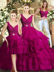 Popular Fuchsia Backless Quinceanera Dress Beading and Ruffles Sleeveless Floor Length