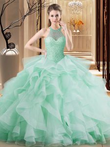 Apple Green Halter Top Lace Up Beading and Ruffles Sweet 16 Quinceanera Dress Brush Train Sleeveless