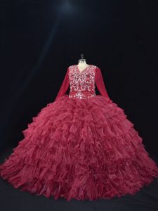 Burgundy Ball Gowns Organza V-neck Long Sleeves Ruffled Layers Floor Length Lace Up Quinceanera Dresses