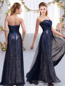 Custom Made Navy Blue Empire Sequins Dama Dress Lace Up Chiffon and Sequined Sleeveless Floor Length