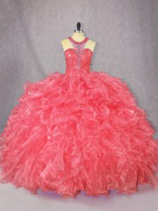 Modern Floor Length Coral Red Quinceanera Gowns Organza Sleeveless Beading and Ruffles