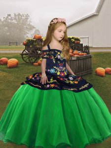 Green Lace Up Straps Embroidery Little Girl Pageant Dress Organza Sleeveless