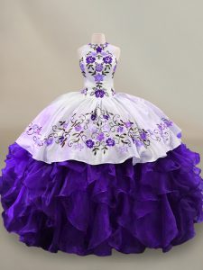 Ideal Ball Gowns Sweet 16 Quinceanera Dress White And Purple Halter Top Organza Long Sleeves Floor Length Lace Up
