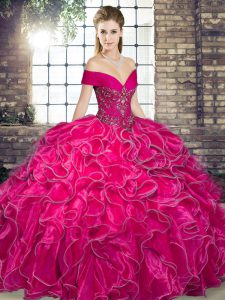 Floor Length Hot Pink 15 Quinceanera Dress Off The Shoulder Sleeveless Lace Up