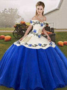 Stylish Floor Length Blue And White Sweet 16 Dresses Organza Sleeveless Embroidery and Ruffles