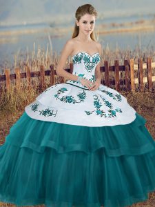 Teal Tulle Lace Up Sweetheart Sleeveless Floor Length Quinceanera Gowns Embroidery and Bowknot