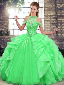 Cute Halter Top Sleeveless Lace Up 15th Birthday Dress Green Organza