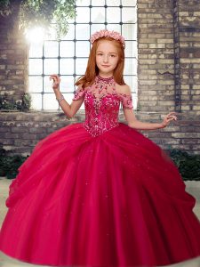 Top Selling Hot Pink Halter Top Lace Up Beading Little Girls Pageant Dress Wholesale Sleeveless
