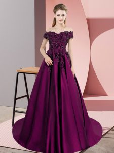 Fancy Purple A-line Satin Off The Shoulder Sleeveless Lace Zipper Quince Ball Gowns Court Train