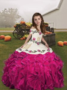 Fantastic Fuchsia Lace Up Straps Embroidery and Ruffles Little Girls Pageant Gowns Organza Sleeveless