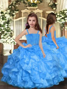 Blue Organza Lace Up Girls Pageant Dresses Sleeveless Floor Length Ruffles
