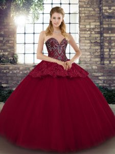 Fancy Burgundy Sleeveless Floor Length Beading and Appliques Lace Up Sweet 16 Dresses