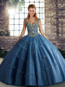 Blue Sleeveless Tulle Lace Up Quinceanera Gowns for Military Ball and Sweet 16 and Quinceanera