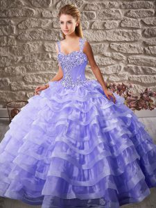Lavender Sleeveless Court Train Beading and Ruffled Layers Quince Ball Gowns