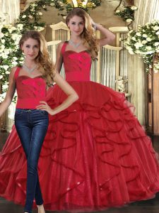 Fabulous Red Two Pieces Tulle Straps Sleeveless Ruffles Floor Length Lace Up Sweet 16 Dress