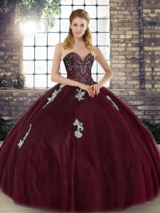 Burgundy Tulle Lace Up Sweet 16 Dress Sleeveless Floor Length Beading and Appliques