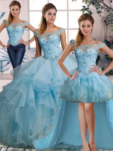 Graceful Light Blue Organza Lace Up Off The Shoulder Sleeveless Floor Length 15th Birthday Dress Beading and Ruffles