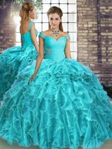 Hot Selling Off The Shoulder Sleeveless Organza Ball Gown Prom Dress Beading and Ruffles Brush Train Lace Up