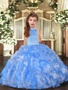 Baby Blue Halter Top Neckline Beading and Ruffles Little Girls Pageant Dress Sleeveless Backless