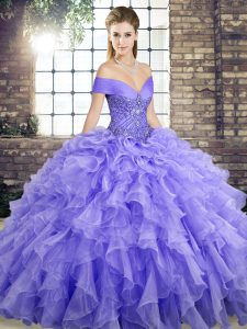 Flare Lavender Off The Shoulder Lace Up Beading and Ruffles Quinceanera Dress Brush Train Sleeveless